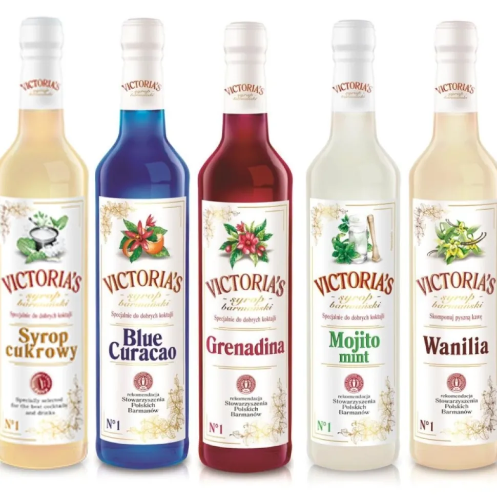 Zestaw 5 syropów Blue Curacao, Grenadina, Cukrowy, Wanilia, Mojito Mint 490 ml x 5