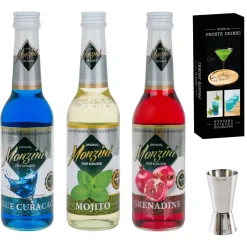 Zestaw 3 syropów do drinków Mojito, Grenadina, Blue Curacao 320 ml x 3 z książką PROSTE DRINKI i miarką 50 i 25 ml
