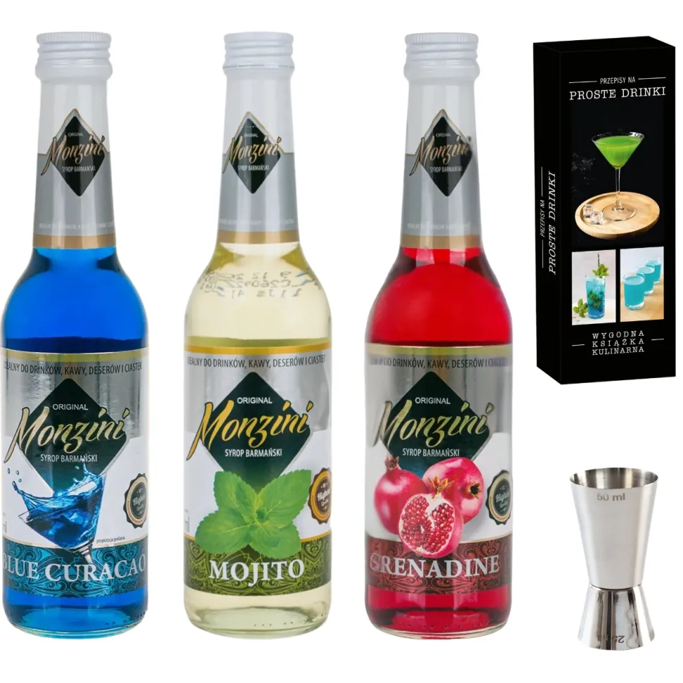 Zestaw 3 syropów do drinków Mojito, Grenadina, Blue Curacao 320 ml x 3 z książką PROSTE DRINKI i miarką 50 i 25 ml